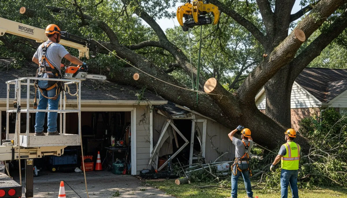 Emergency tree service crew removing storm-damaged tree in Oklahoma City, OK