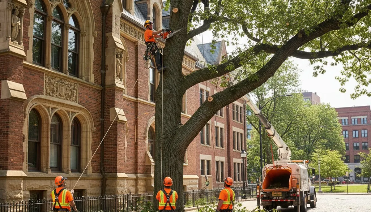 Tree service crew in Oklahoma City, OK trimming and removing a large tree safely
